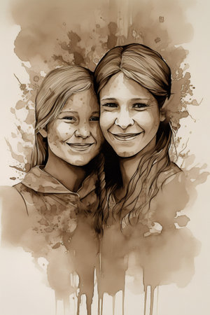 Portrait of two smiling girls with painted faces on watercolor backgroundの素材