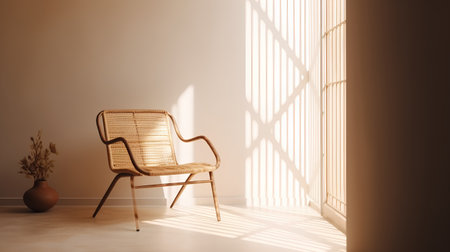 Modern interior with wicker chair and window. 3d render illustrationの素材