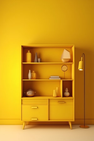 Yellow interior with bookshelf and lamp, 3d render illustrationの素材