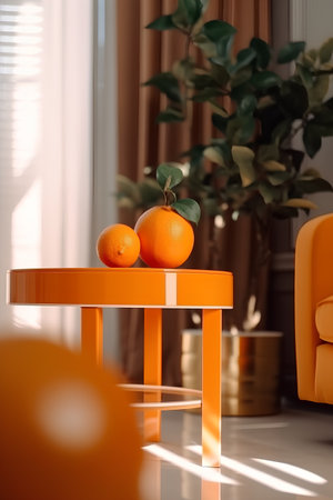 Orange fruit on orange table in living room with orange sofa and plantの素材