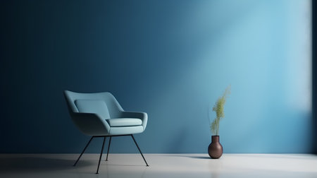 Interior of a living room with a blue wall and a chairの素材