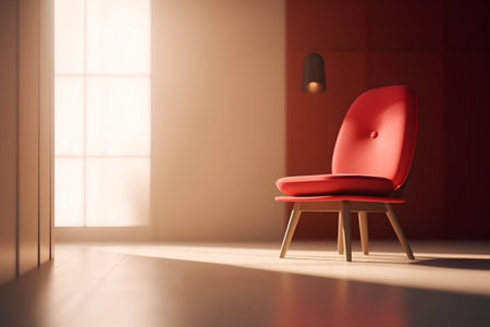 3d rendering of a red chair in a room with a windowの素材