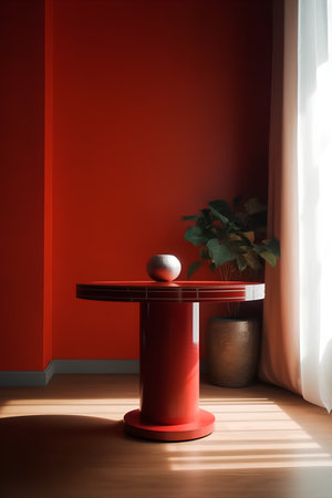 Red interior with round table and plant in vase, 3d renderの素材