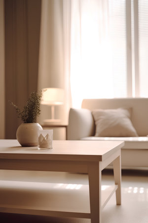 Interior of living room with coffee table, sofa and vaseの素材