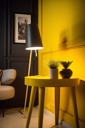 Yellow living room interior with a table lamp and a vase. 3d rendering.の素材