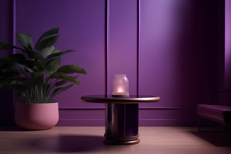 Interior of modern living room with purple wall and a round coffee tableの素材