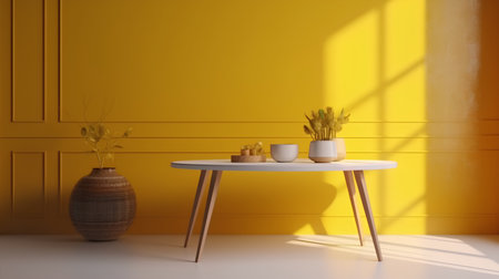 Interior of modern living room with yellow walls and wooden floor, 3d renderの素材