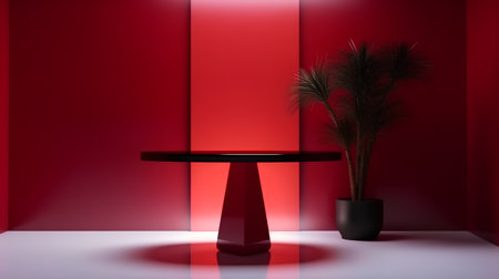 3d render of a red interior with a table and a plantの素材