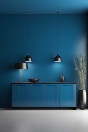 Illustration of a dark blue living room interior with a cupboard and a black lampの素材