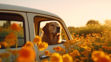 Golden Retriever sitting in a car with flowers in the foregroundの素材