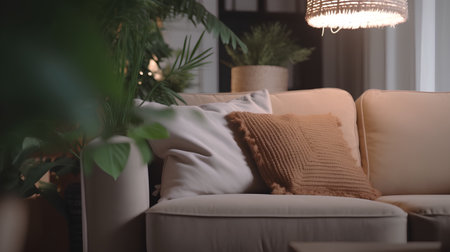 Cozy living room with beige sofa, pillows and green plantsの素材