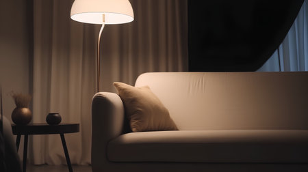 Comfortable sofa with pillows and table lamp in the dark roomの素材