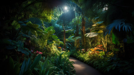 Tropical jungle background. 3D render of botanical gardenの素材