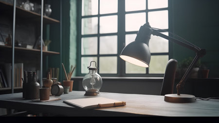 Office desk with lamp and notepad, ready for your text.の素材