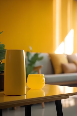 Yellow ceramic vase on the table in the living-room.の素材