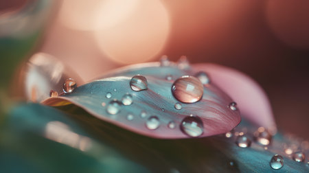 Water drops on a green leaf. Nature background. Soft focus.の素材