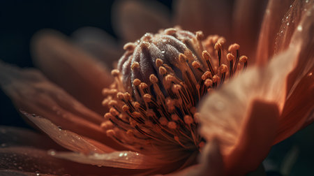 Close up of orange flower with dew drops on petals.の素材