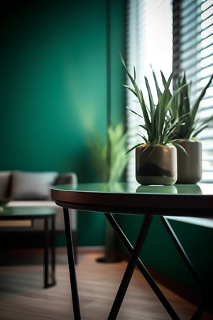 Interior of a living room with a green wall and a coffee tableの素材