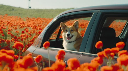 Welsh corgi dog looking out of the car window in poppy fieldの素材