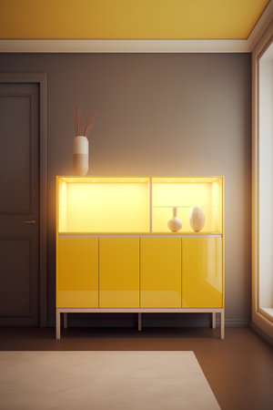 Yellow cabinet in the room, 3d rendering. Computer digital drawing.の素材