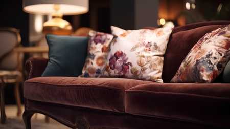 modern living room with brown sofa and colorful pillows, shallow depth of fieldの素材