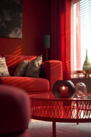 Living room interior with red sofa, coffee table and glass vaseの素材