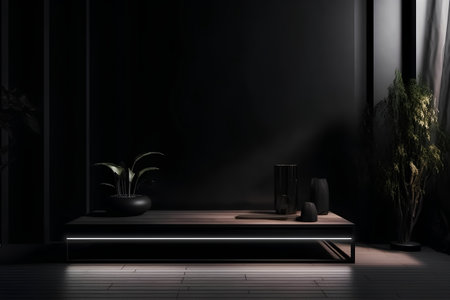 3d render of modern bathroom with black walls and wooden floor.の素材