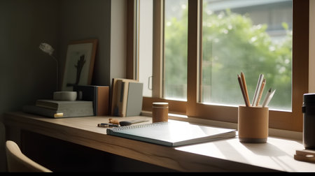 Office workplace with notebook and pencils on wooden table in morning lightの素材