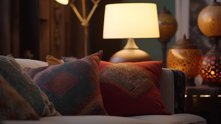 Colorful pillows on a sofa with a lamp in the backgroundの素材
