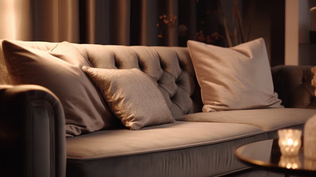 Comfortable sofa with pillows in living room, close-upの素材
