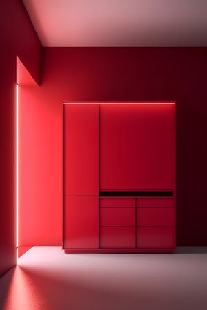 Interior of modern bright room with red walls, concrete floor and red cabinet. 3d renderingの素材