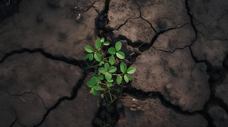 Green plant growing through cracked earth. Concept of drought and global warming.の素材
