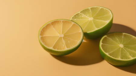 Fresh lime slices on a yellow background. Close-up. Copy space.の素材