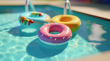 Colorful inflatable donuts floating in swimming pool. 3D renderingの素材