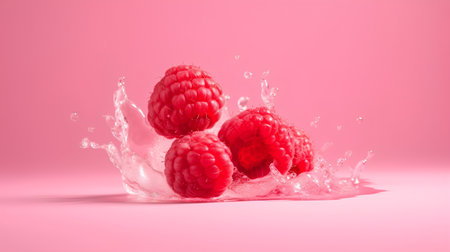 Raspberries falling into water with splash on pink background, closeupの素材