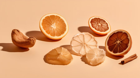Slices of lemon, orange and cinnamon on a colored backgroundの素材