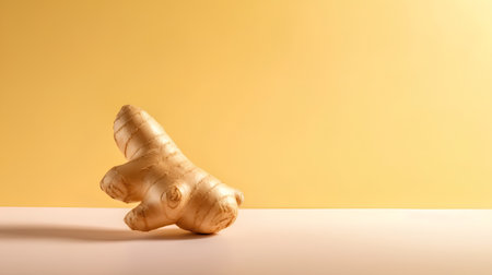 Ginger root on a yellow background. Copy space for text.の素材