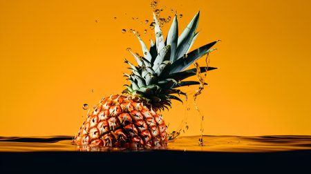 Pineapple with water splashes on orange background. 3d renderingの素材