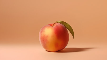 Peach with green leaf on orange background. Minimal concept.の素材
