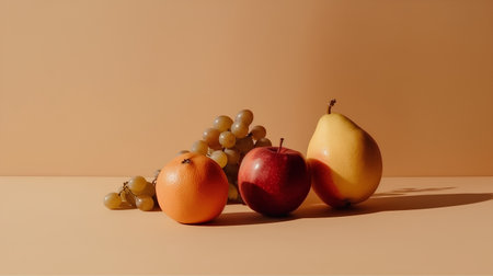 Still life with fresh fruits on orange background, 3d render.の素材