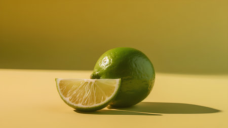 Lime fruit with shadow on yellow background. Minimal style.の素材