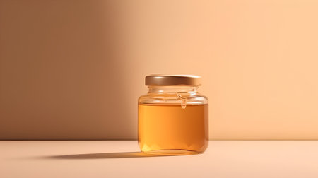 Honey in a glass jar on a beige background. 3d renderingの素材