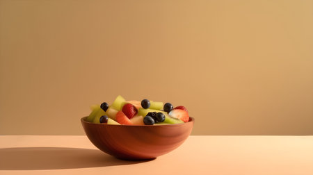 Fruit salad in a wooden bowl on a beige background.の素材