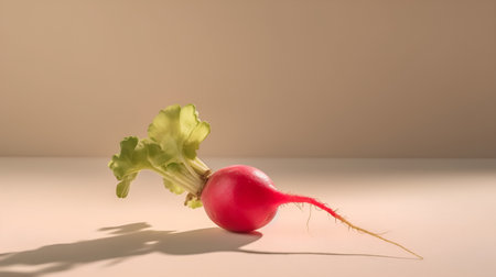 Red radish with green leaf on beige background. Minimal style.の素材