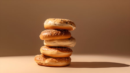 Bagels stack on brown background. 3d render illustration.の素材
