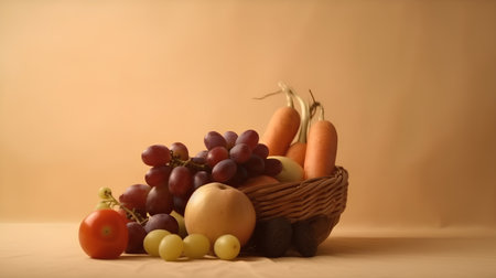 Fruits and vegetables in a basket on a beige background.の素材