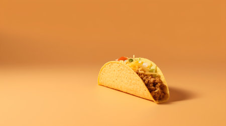 Taco with meat and vegetables on orange background. Copy space.の素材