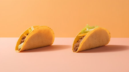 two tacos with meat and vegetables on orange background, concept of fast foodの素材