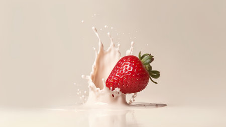 Strawberry in milk splash, isolated on beige background.の素材