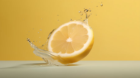 Lemon with water splash isolated on yellow background. 3d illustrationの素材